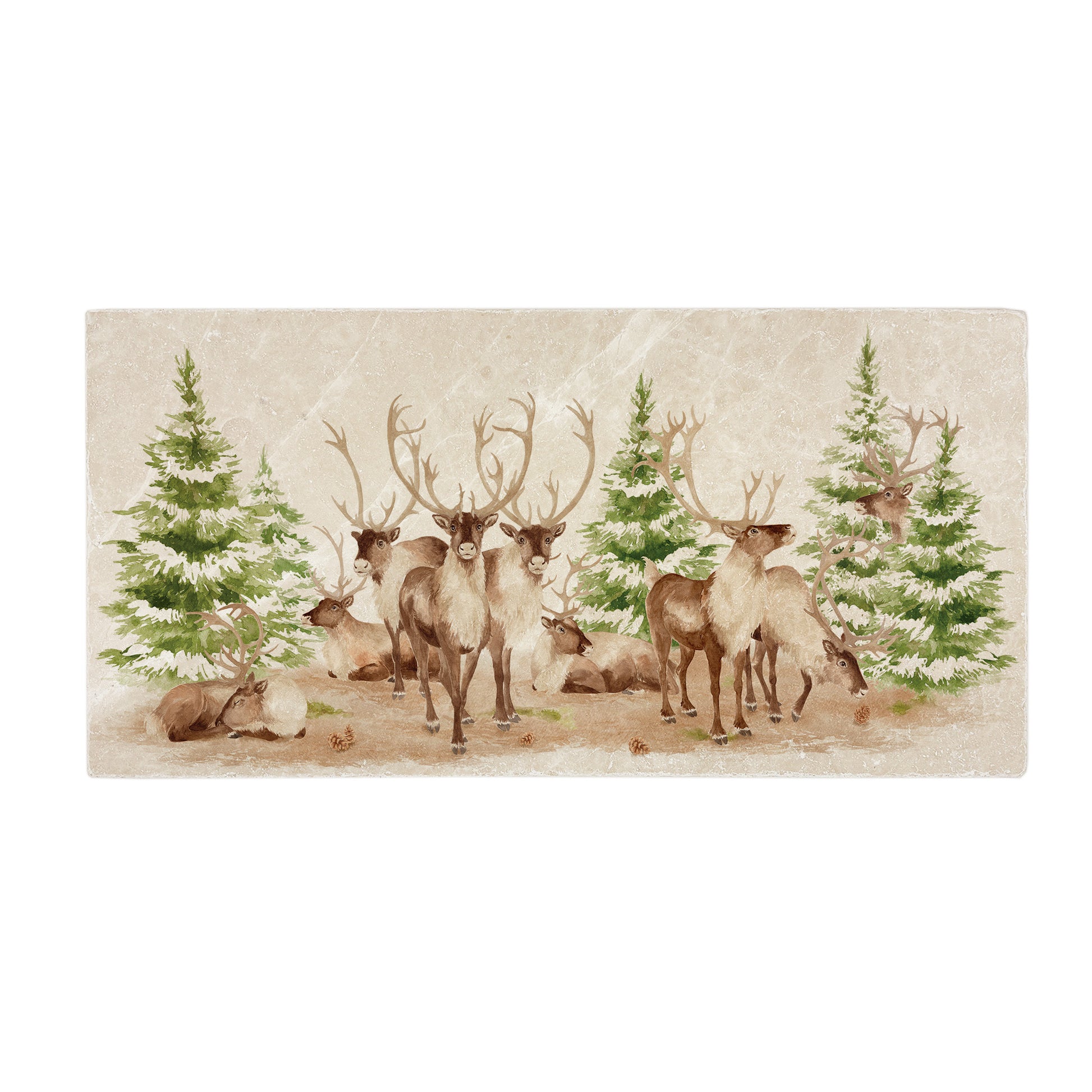 The Reindeers rest design features reindeer appearing from an opening in the wintery snowy forest. 