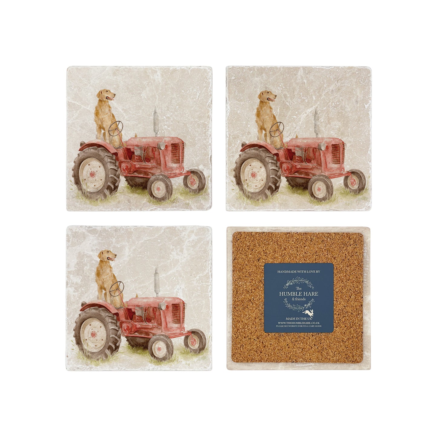 A set of 4 square marble coasters with a watercolour design of a golden retriever dog sat on a vintage red tractor. One coaster is flipped to show that it is backed with cork to protect work surfaces.