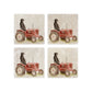 A set of 4 square marble coasters with a watercolour design of a black retriever dog sat on a vintage red tractor. 