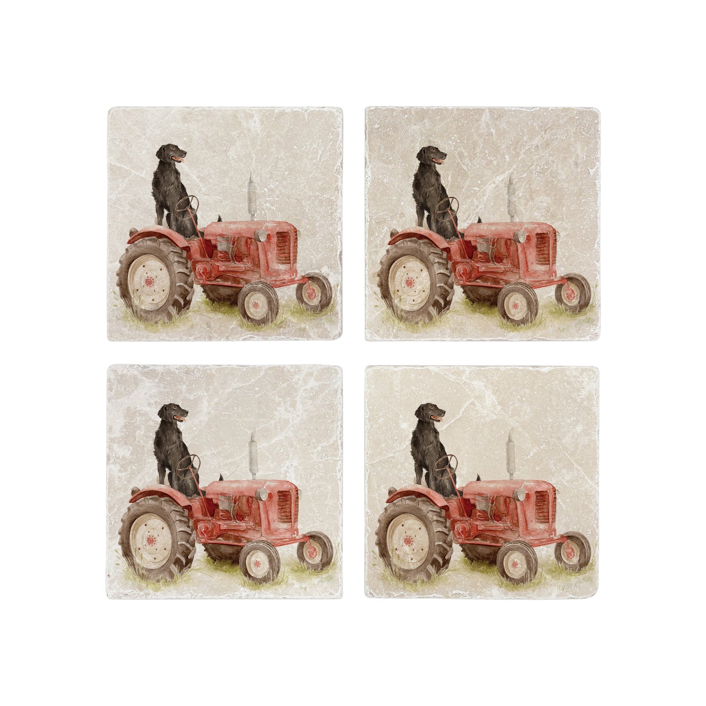 A set of 4 square marble coasters with a watercolour design of a black retriever dog sat on a vintage red tractor. 