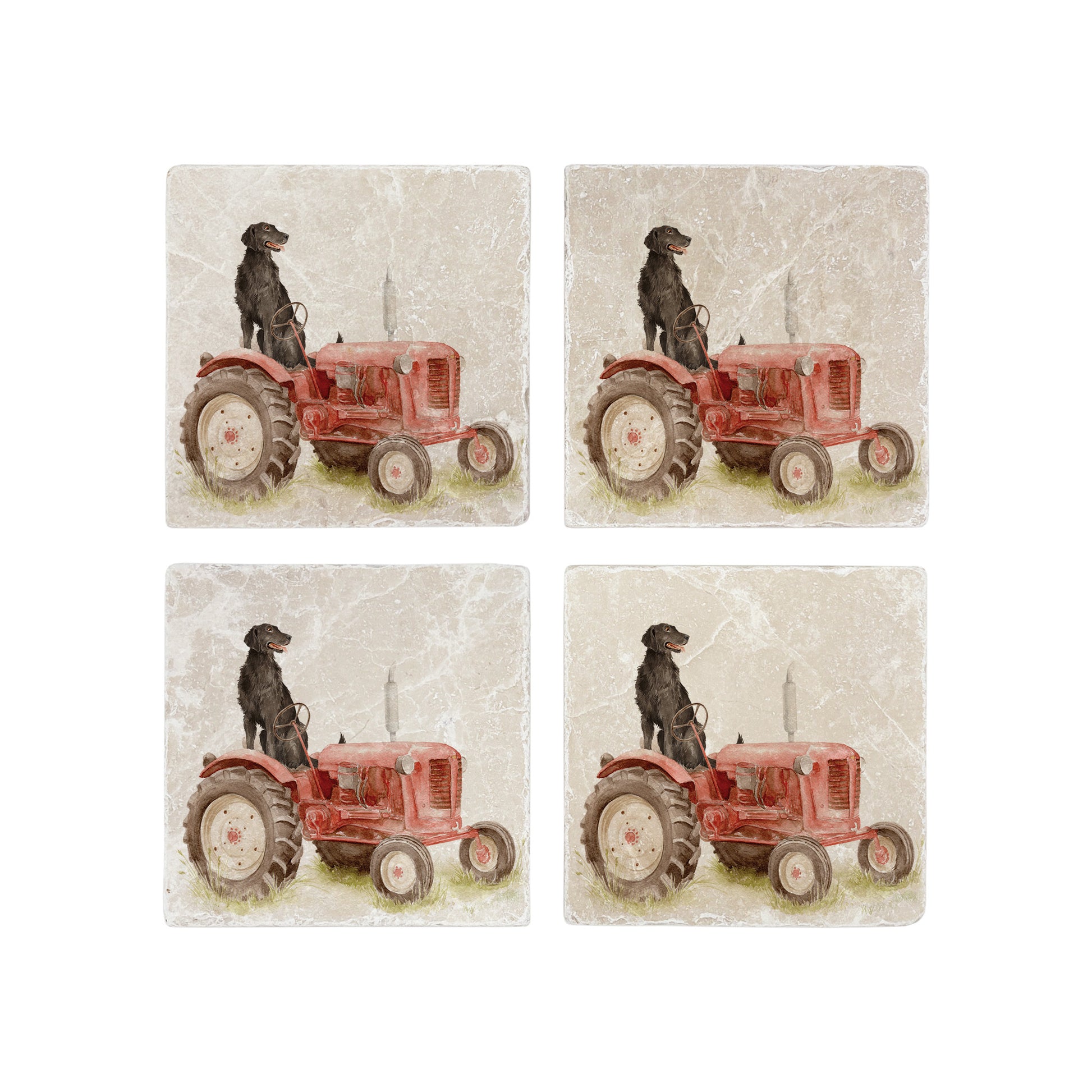 A set of 4 square marble coasters with a watercolour design of a black retriever dog sat on a vintage red tractor. 