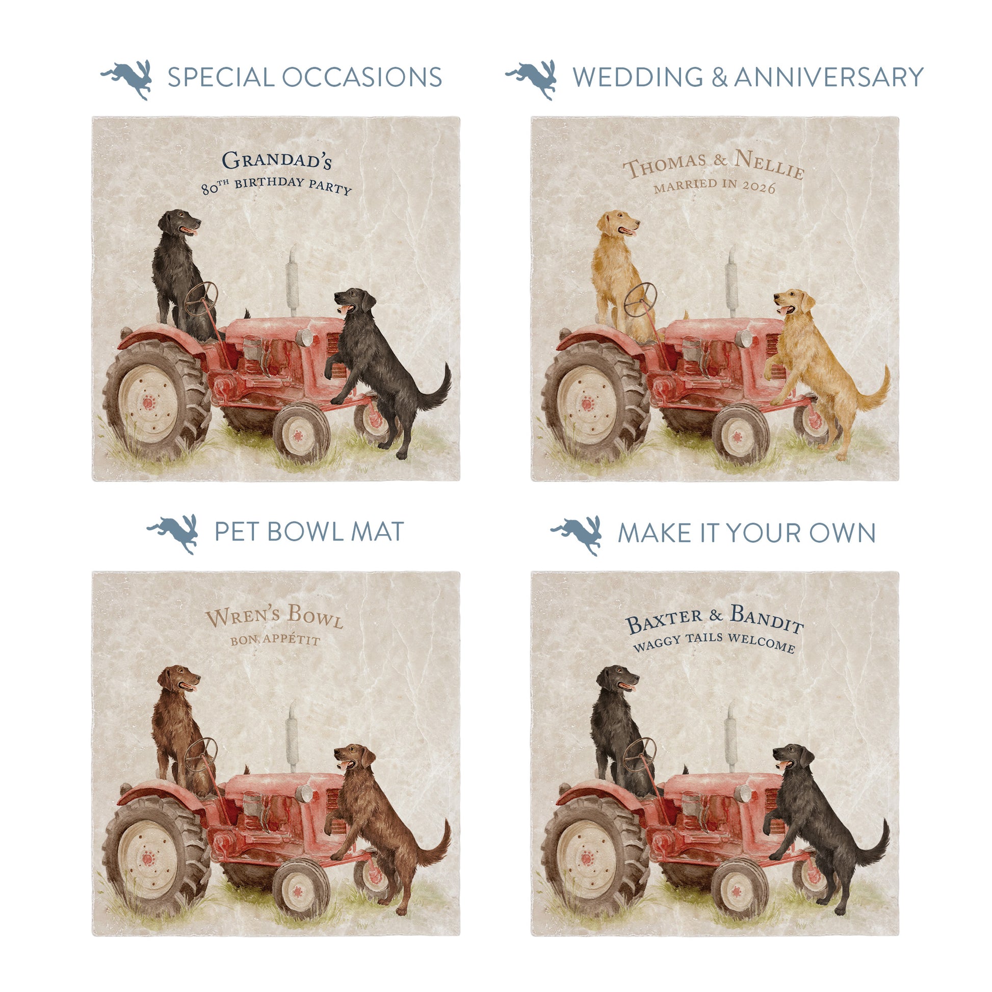 Square large marble platters with working retriever dog illustrations, showing personalised text options for special occasions.