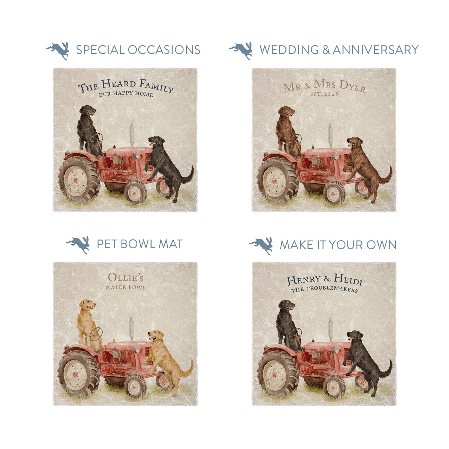 Square medium marble platters with working retriever dog illustrations, showing personalised text options for special occasions.