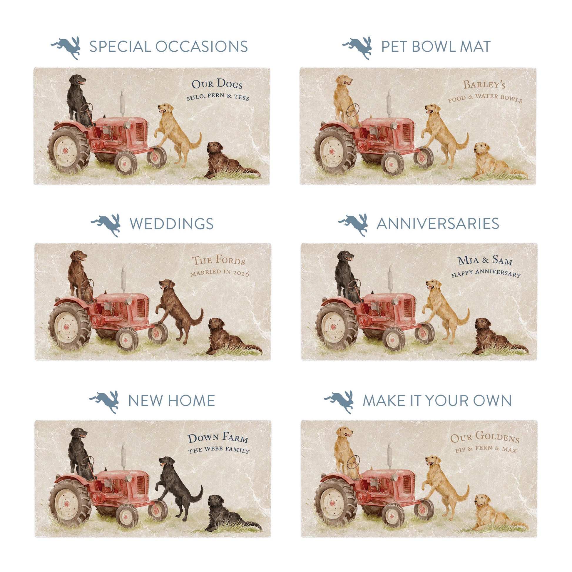 Rectangular marble sharing platters with working retriever dog illustrations, showing personalised text options for special occasions.