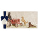 A rectangular marble sharing platter featuring a watercolour design of working retriever dogs sat on a vintage red tractor. The platter is packaged with a luxurious blue gift bow.