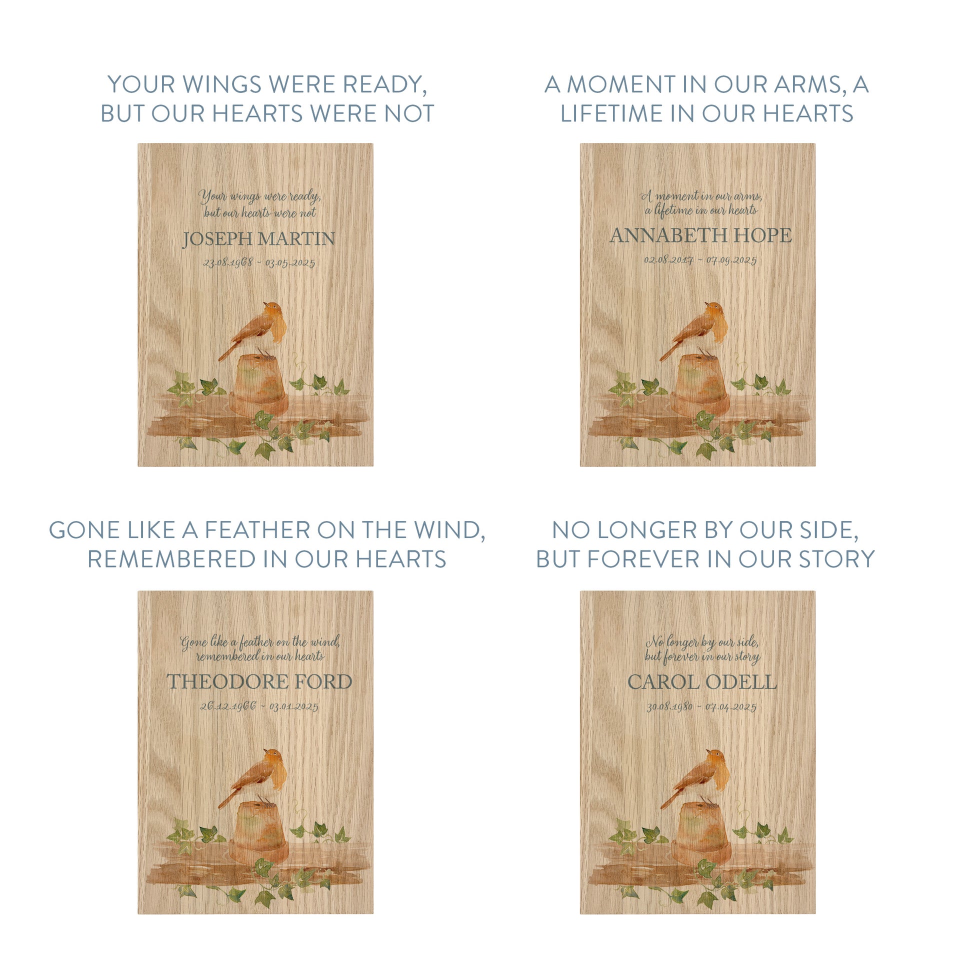 Memorial Solid Oak Photo Frame, personalise with your own message or select from our drop down selection. handmade watercolour paintings, this design features A Robin sat on a shelf, when Robins appear a loved one is near.