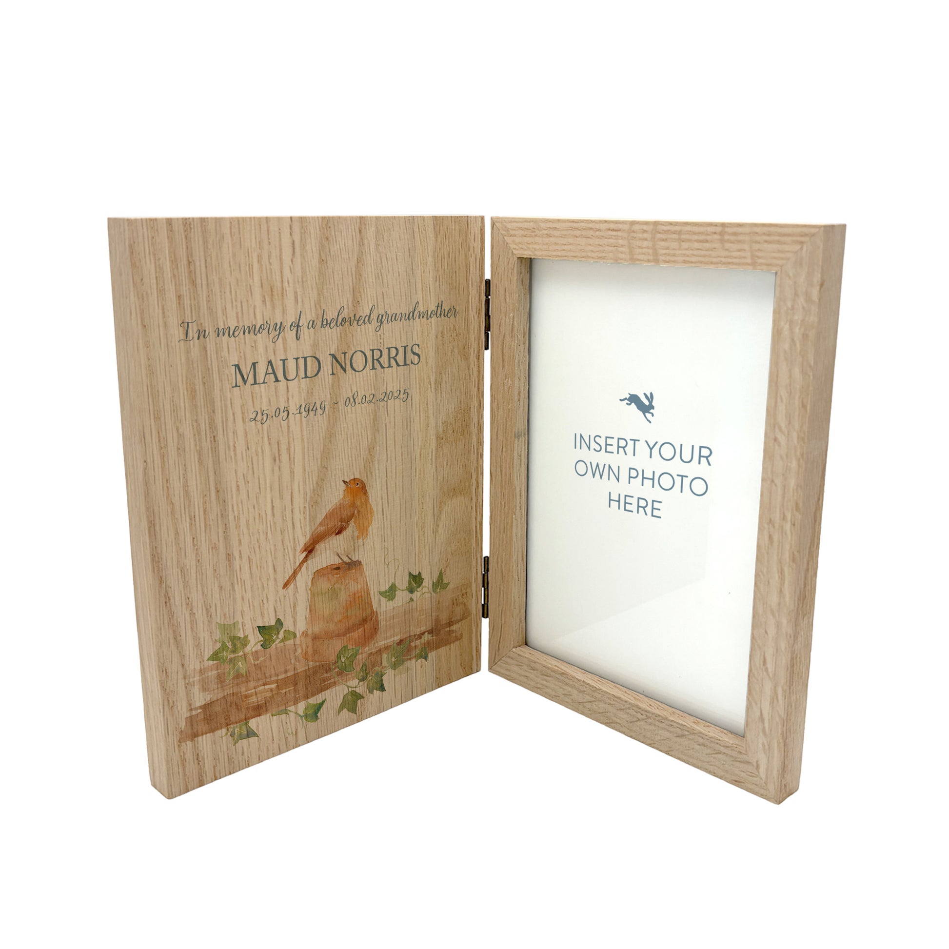 Memorial Solid Oak Photo Frame, personalise with your own message or select from our drop down selection. handmade watercolour paintings, this design features A Robin sat on a shelf, when Robins appear a loved one is near.