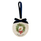 An oval marble Christmas ornament featuring a robin sitting on a green wreath, with personalised text written below. The ornament has a blue velvet ribbon and bow hanging loop.