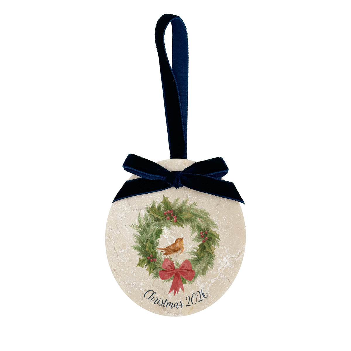 An oval marble Christmas ornament featuring a robin sitting on a green wreath, with personalised text written below. The ornament has a blue velvet ribbon and bow hanging loop.
