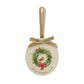 An oval marble Christmas ornament featuring a robin sitting on a green wreath, with personalised text written below. The ornament has a gold velvet ribbon and bow hanging loop.