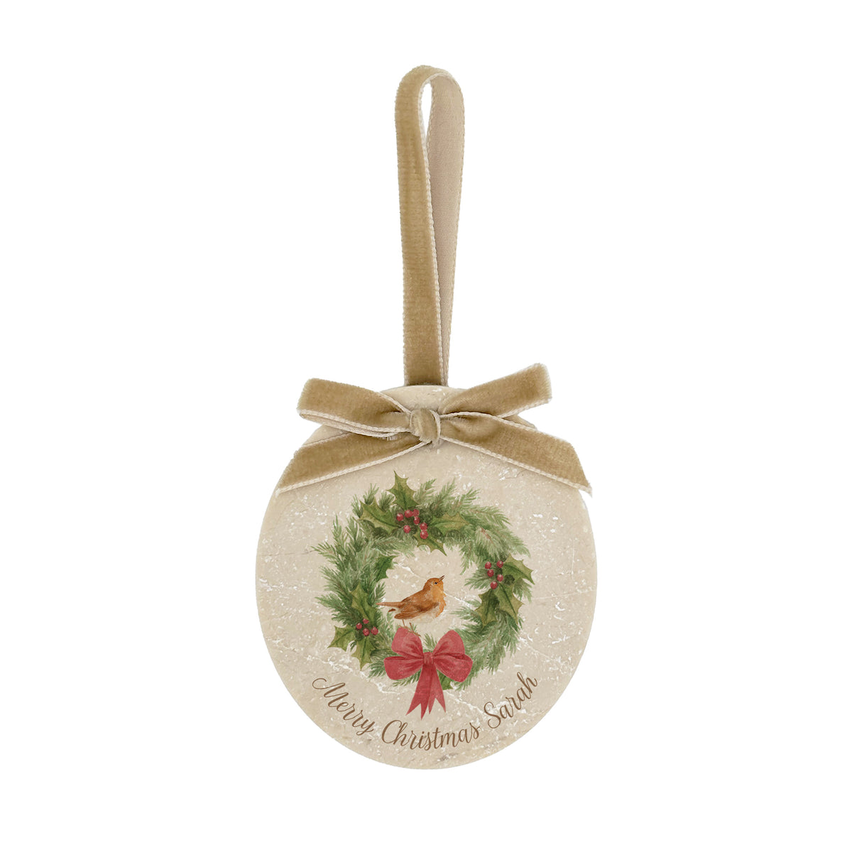 An oval marble Christmas ornament featuring a robin sitting on a green wreath, with personalised text written below. The ornament has a gold velvet ribbon and bow hanging loop.