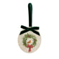 An oval marble Christmas ornament featuring a robin sitting on a green wreath, with personalised text written below. The ornament has a green velvet ribbon and bow hanging loop.