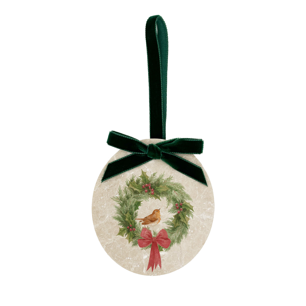 An oval marble Christmas ornament featuring a robin sitting on a green wreath, with personalised text written below. The ornament has a green velvet ribbon and bow hanging loop.