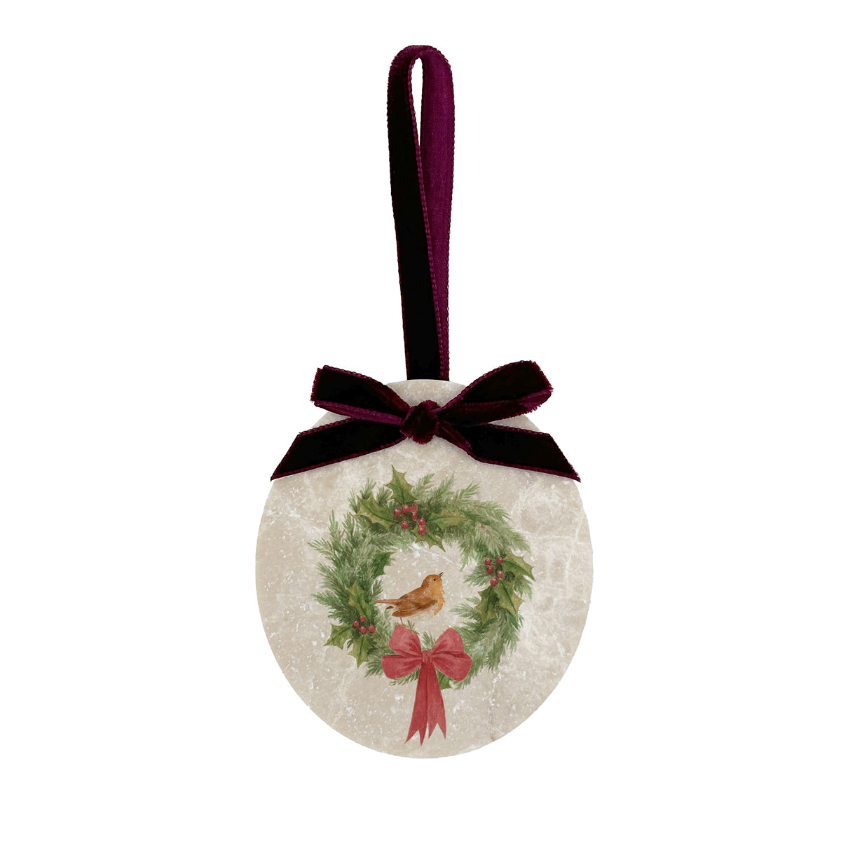 An oval marble Christmas ornament featuring a robin sitting on a green wreath, with personalised text written below. The ornament has a burgundy red velvet ribbon and bow hanging loop.