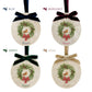 Four oval marble Christmas ornaments shown in colour options: blue, burgundy, green, and gold. Each ornament features a robin sitting on a Christmas wreath with a red bow, and a personalised name at the bottom, with a matching velvet ribbon bow.