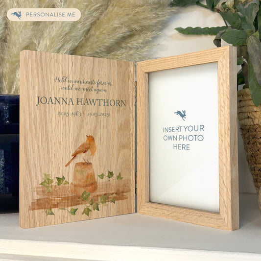 Memorial Solid Oak Photo Frame, personalise with your own message or select from our drop down selection. handmade watercolour paintings, this design features A Robin sat on a shelf, when Robins appear a loved one is near.