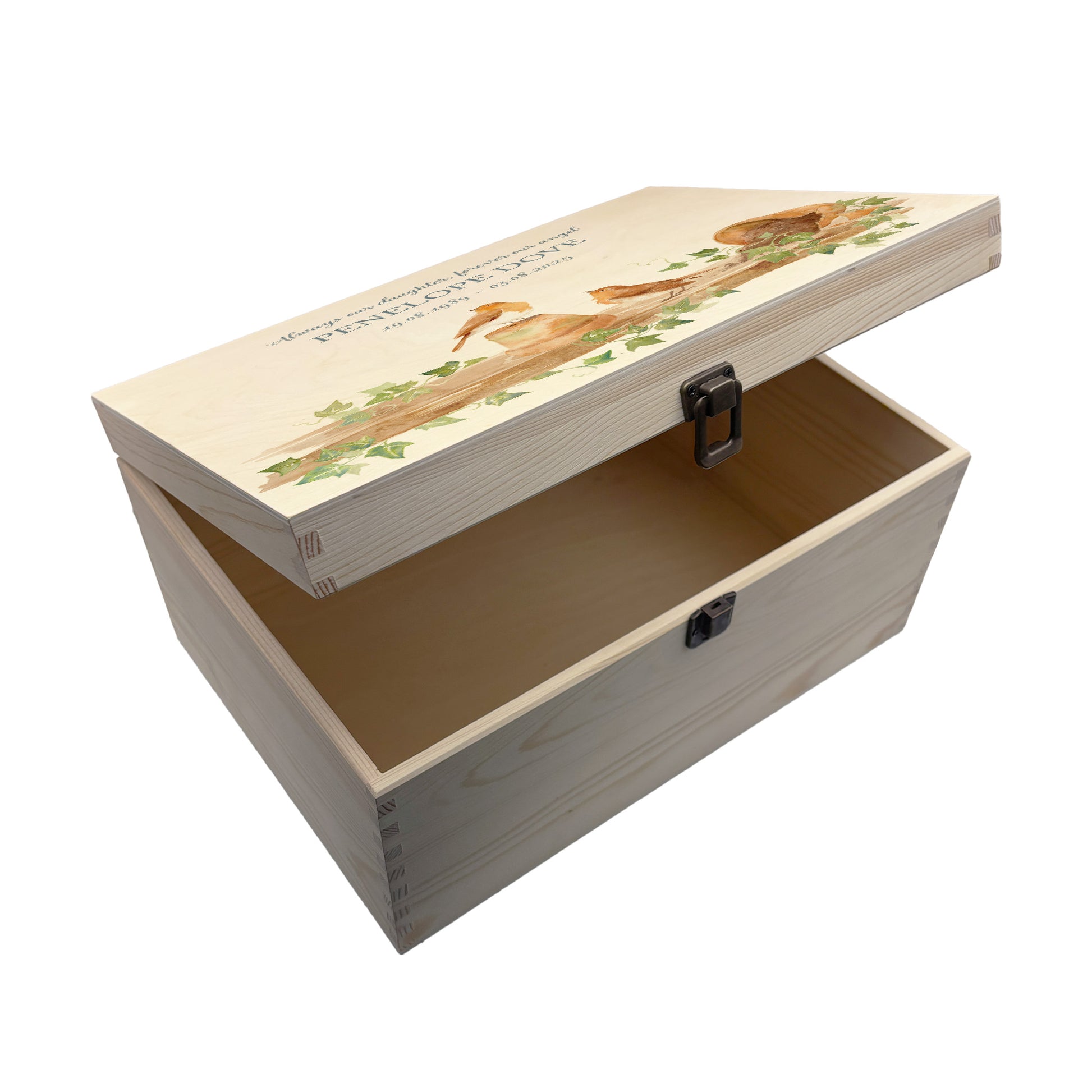 Wooden box with a decorative lid featuring animal illustrations on a wooden background. Perfect funeral memory keepsake box, for storing ashes, order of service, flowers, pictures. 