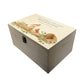 Wooden box with a decorative lid featuring animal illustrations on a wooden background. Perfect funeral memory keepsake box, for storing ashes, order of service, flowers, pictures. 