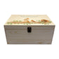 Wooden box with a decorative lid featuring animal illustrations on a wooden background. Perfect funeral memory keepsake box, for storing ashes, order of service, flowers, pictures. 