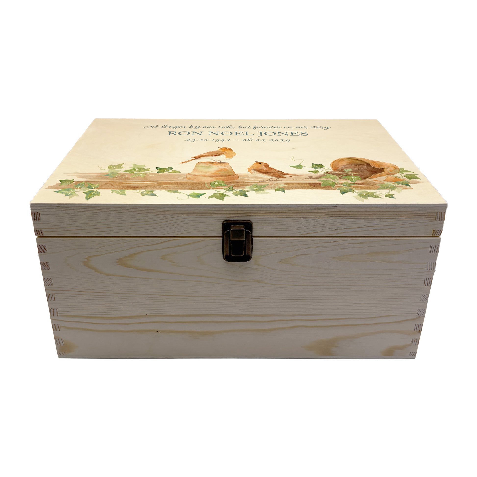 Wooden box with a decorative lid featuring animal illustrations on a wooden background. Perfect funeral memory keepsake box, for storing ashes, order of service, flowers, pictures. 