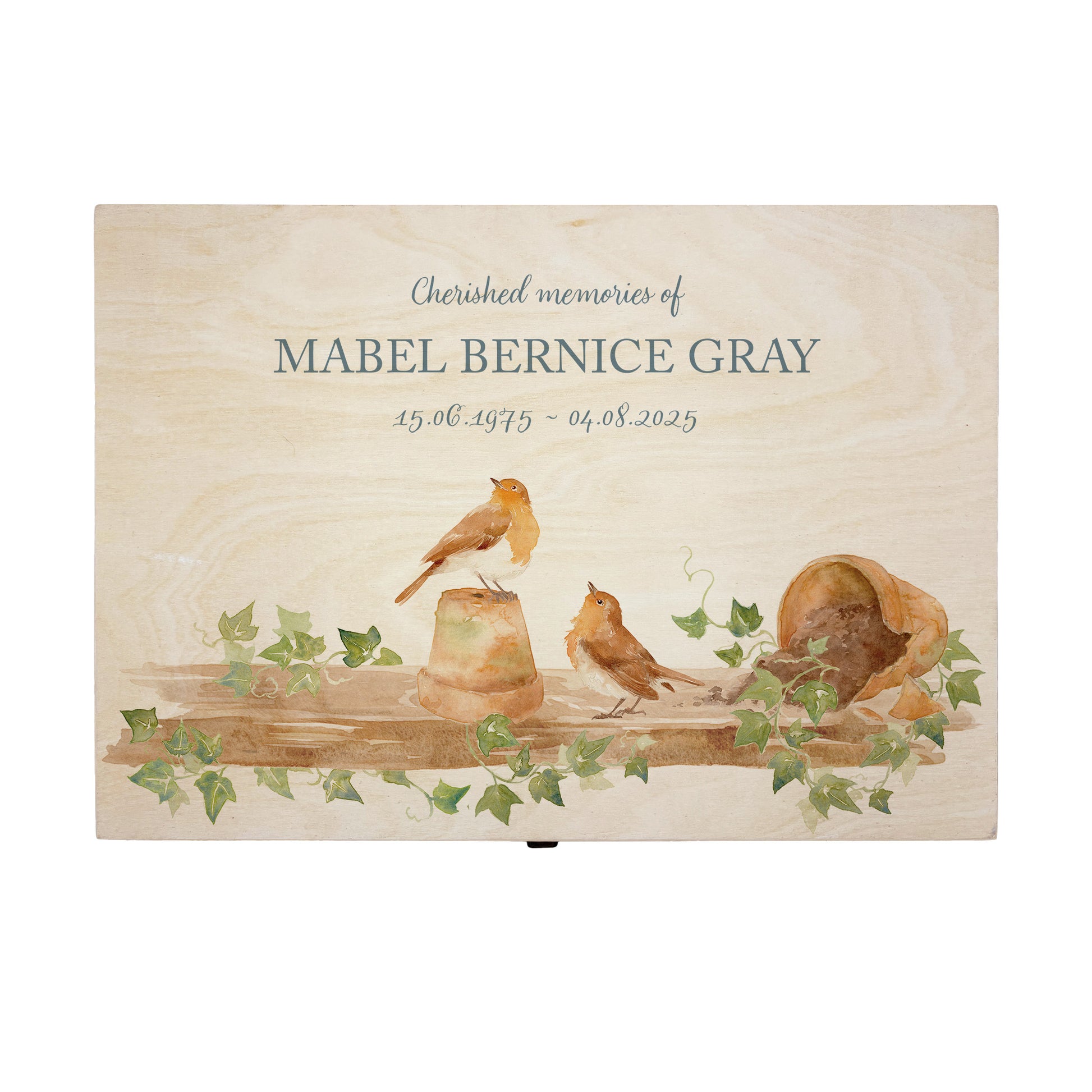 Wooden box with a decorative lid featuring animal illustrations on a wooden background. Perfect funeral memory keepsake box, for storing ashes, order of service, flowers, pictures. 