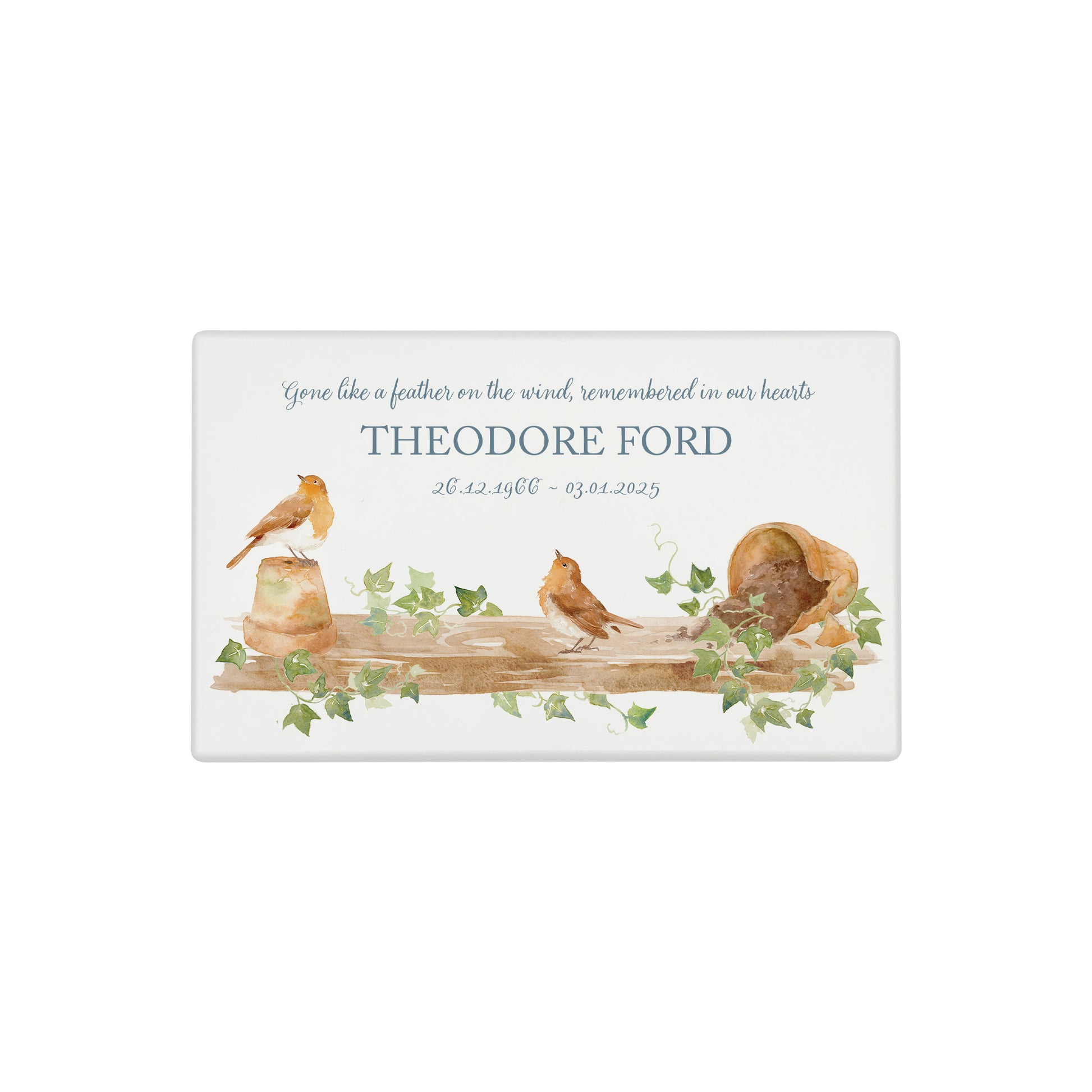 Luxury solid wooden white painted Urn with Robins sat on a shelf on pots, a watercolour illustration, our urns and Caskets for displaying or burying ashes. Customisable and can be personalised. Perfect funeral memory keepsake urn, for storing ashes for humans and pets. 