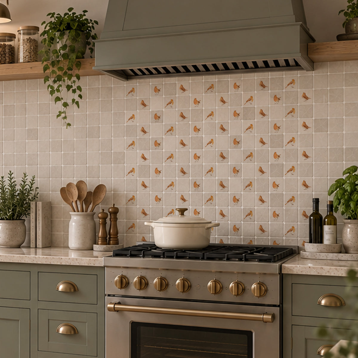 Mosaic splashback featuring a colourful watercolour Robins