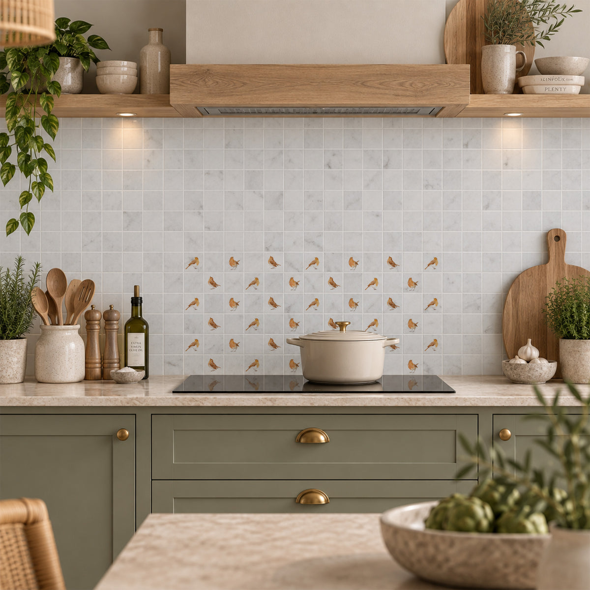Mosaic splashback featuring a colourful watercolour Robins