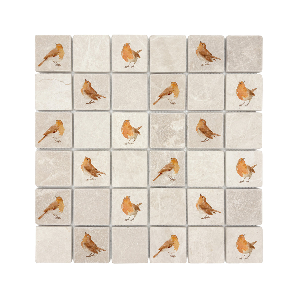 Mosaic splashback featuring a colourful watercolour Robins