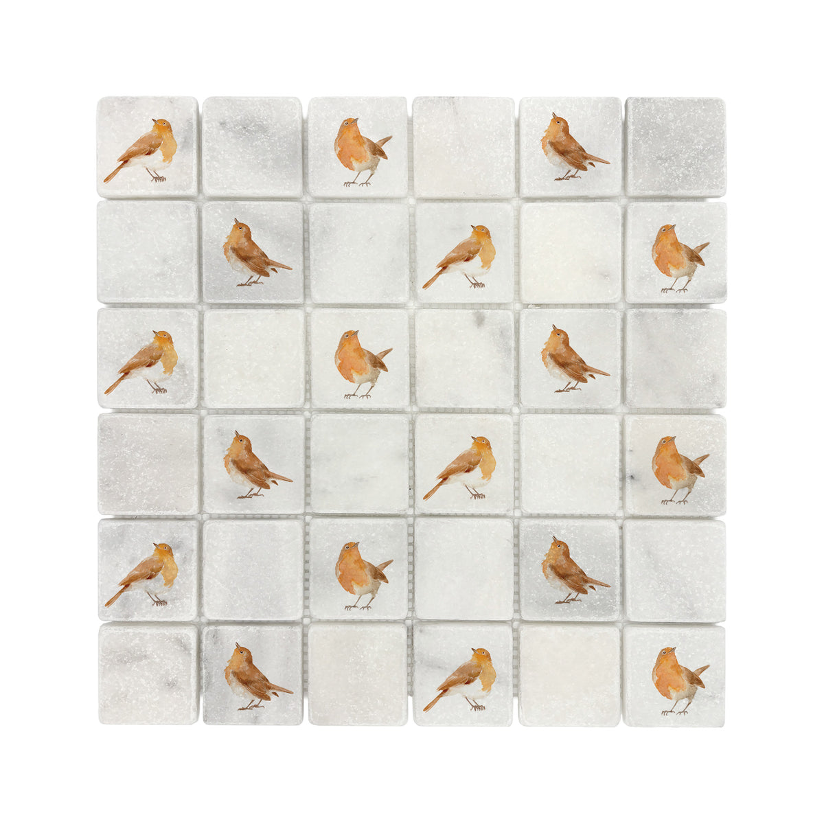 Mosaic splashback featuring a colourful watercolour Robins