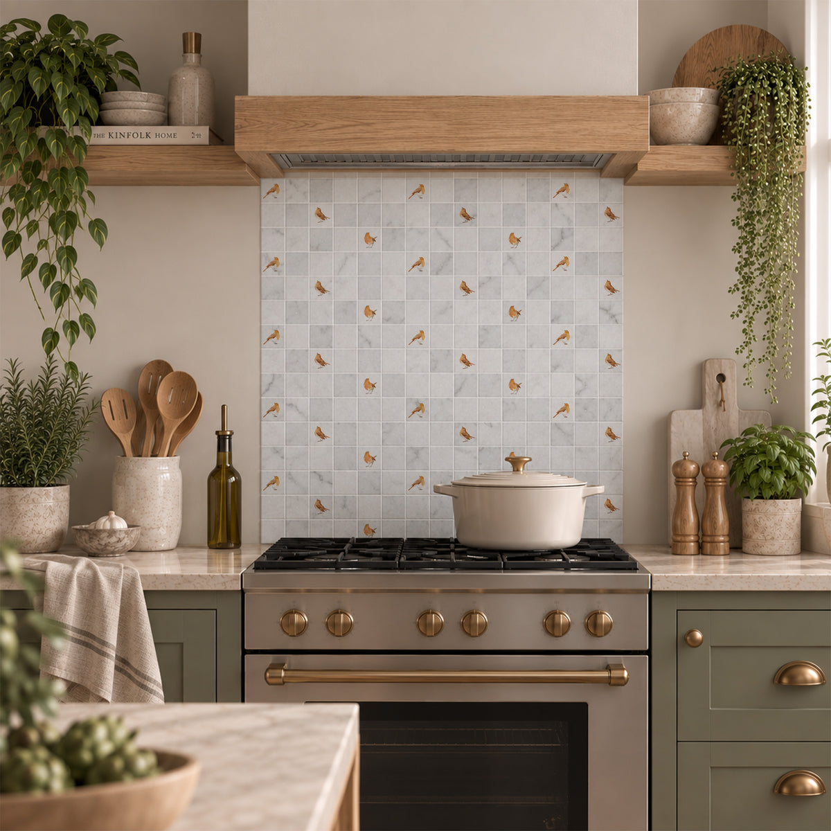 Mosaic splashback featuring a colourful watercolour Robins