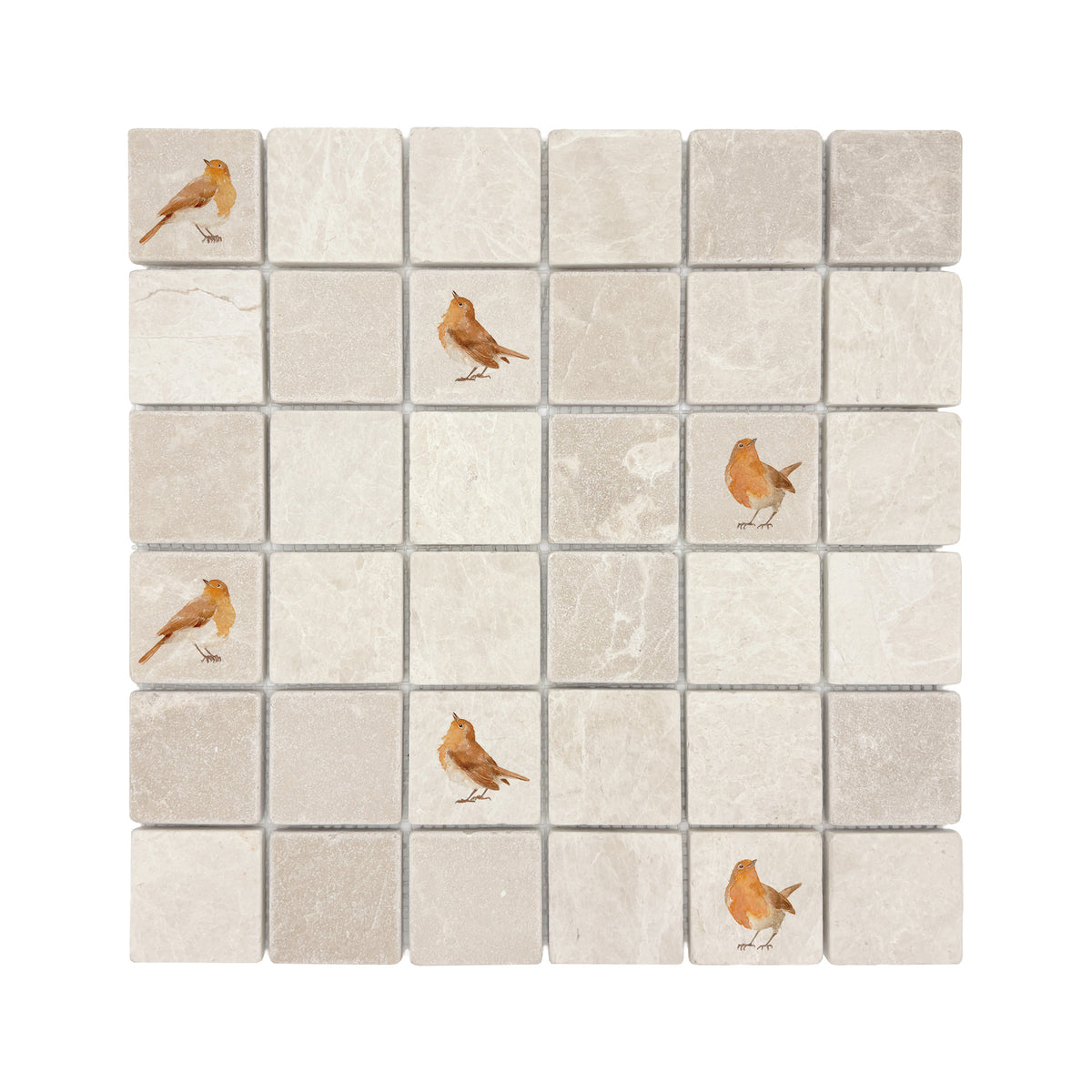 Mosaic splashback featuring a colourful watercolour Robins