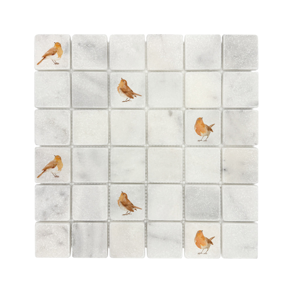 Mosaic splashback featuring a colourful watercolour Robins