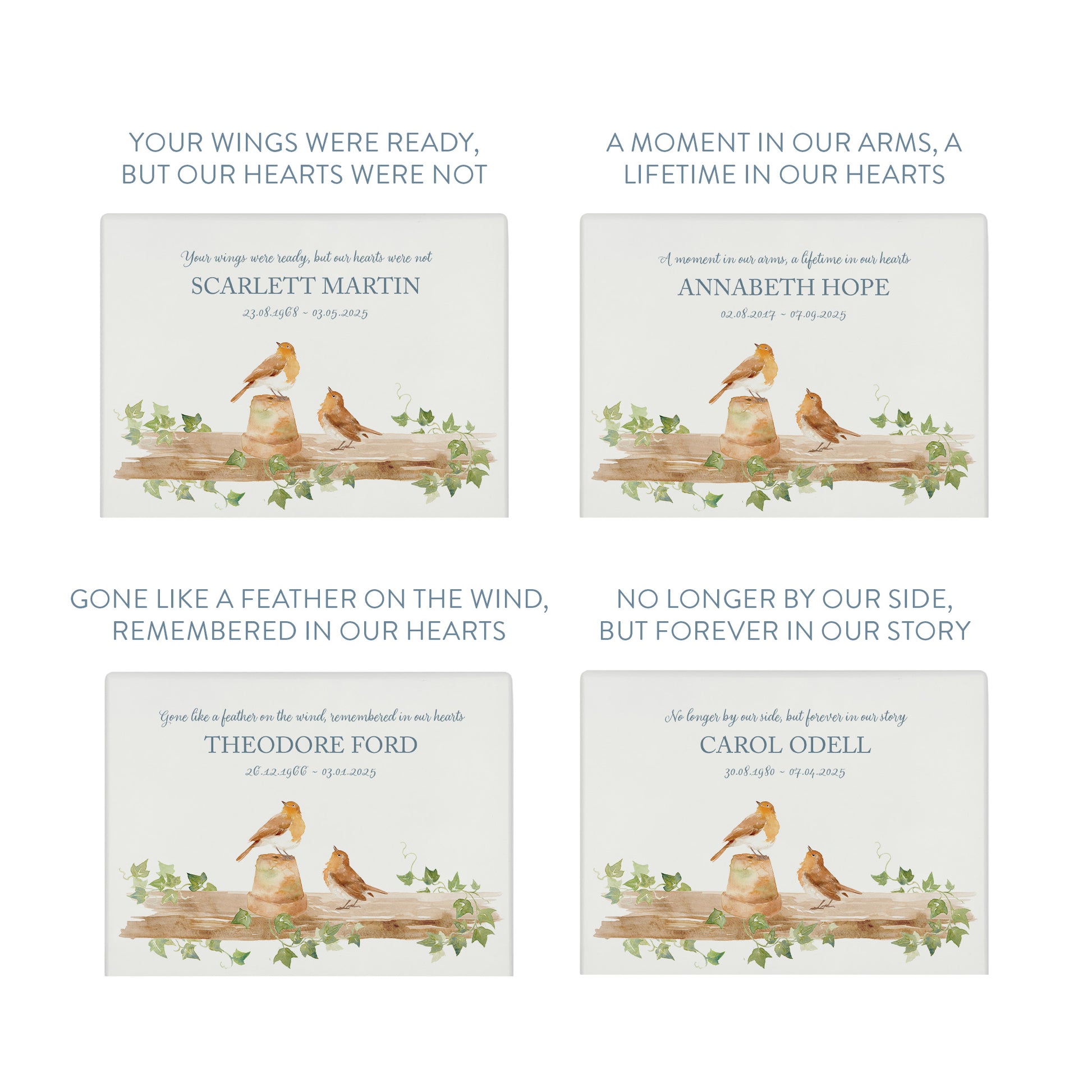 Luxury solid wooden white painted Robin sat on shelf sitting a pot watercolour illustration our urns and Caskets for displaying or burying ashes. Customisable and can be personalised. Perfect funeral memory keepsake urn, for storing ashes for humans and pets.