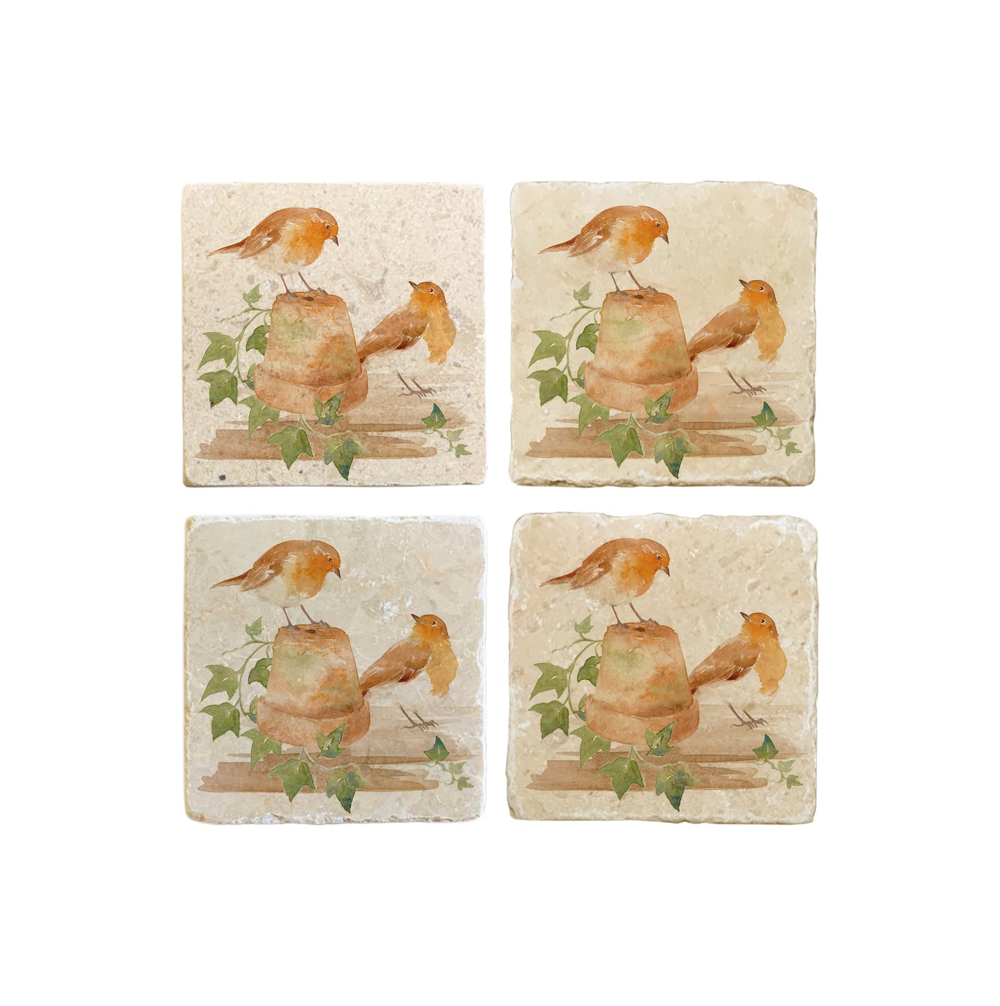 A set of 4 handmade cream marble coasters, featuring a watercolour design of robins sitting on a plant pot.