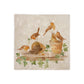 A medium square multipurpose marble platter, featuring a watercolour design of robins causing mischief on a potting shed shelf.