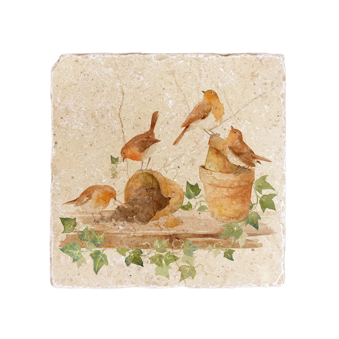 A medium square multipurpose marble platter, featuring a watercolour design of robins causing mischief on a potting shed shelf.