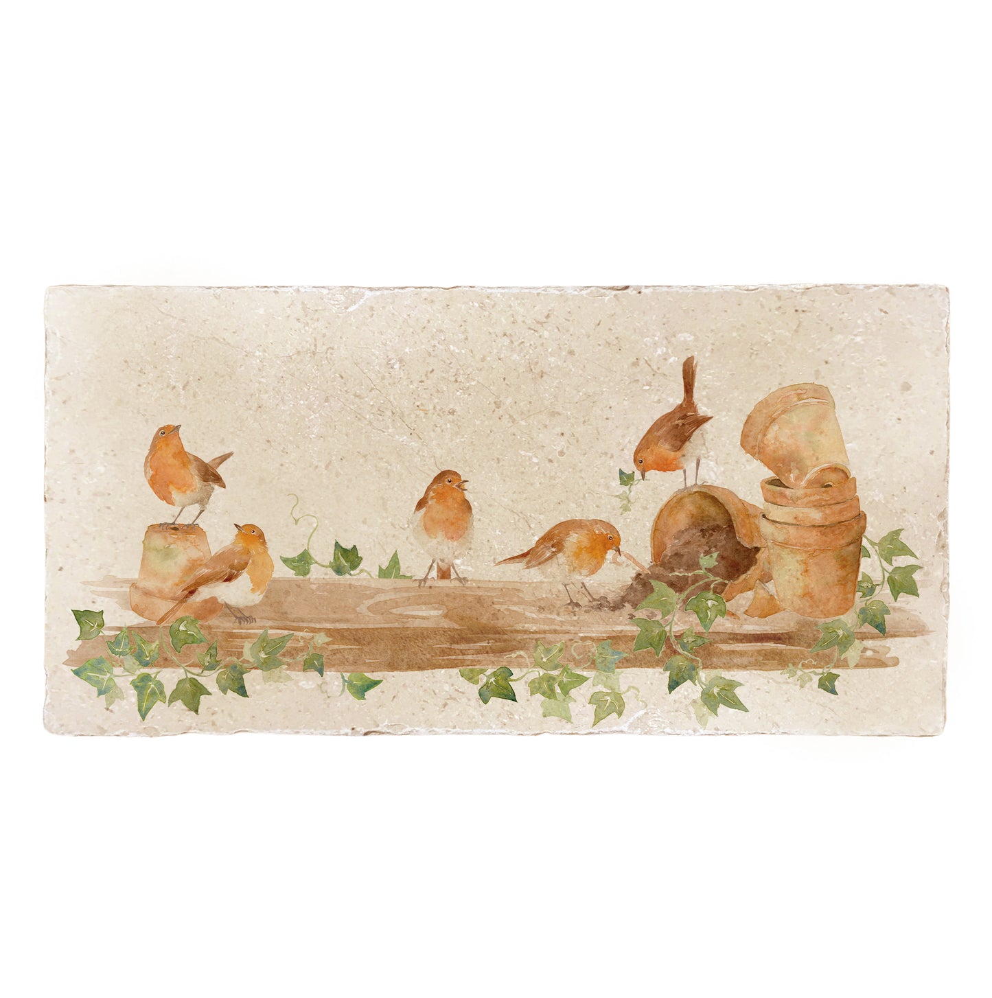 A 20x40cm marble splashback tile, featuring a watercolour design of robins causing trouble on a greenhouse shelf, knocking over the plant pots.