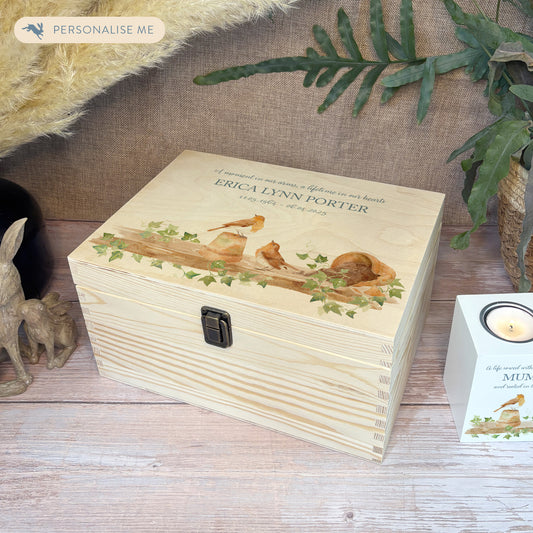 Wooden box with a decorative lid featuring animal illustrations on a wooden background. Perfect funeral memory keepsake box, for storing ashes, order of service, flowers, pictures. 