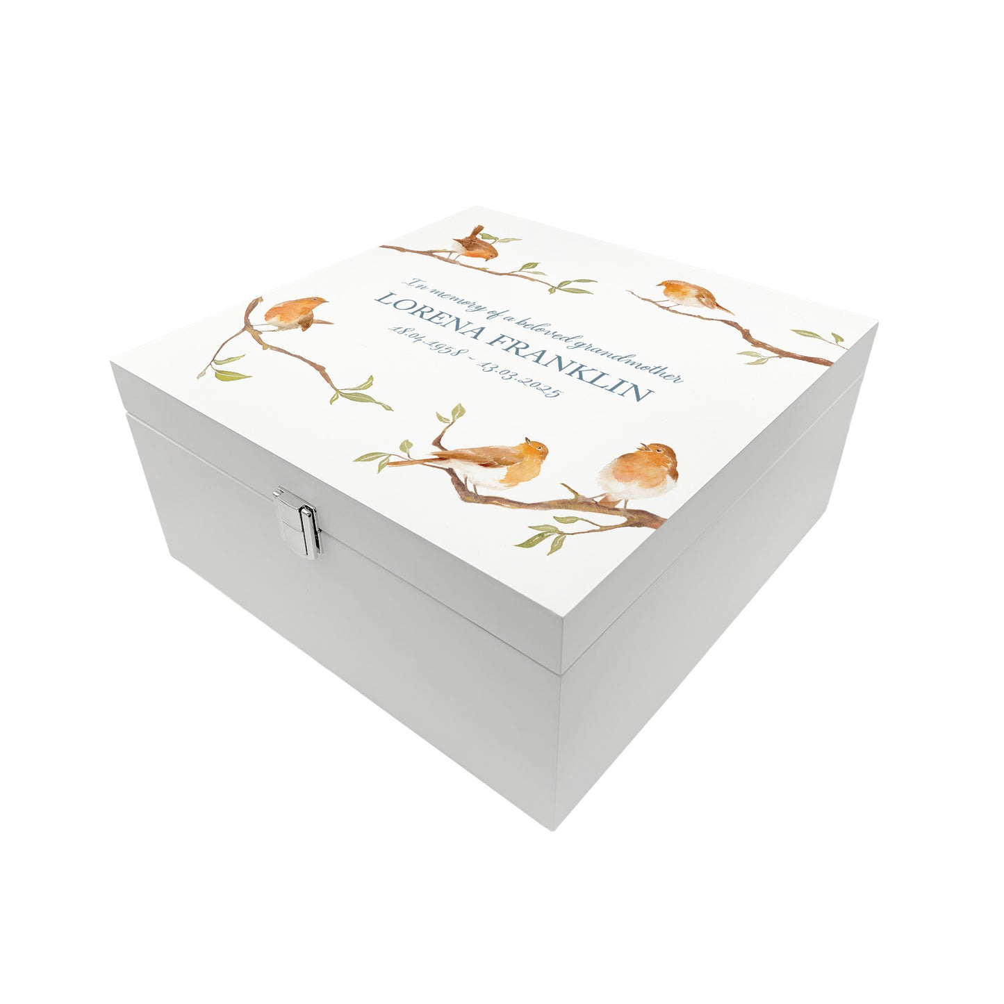 White Square personalised Wooden box with a decorative lid featuring illustrations of Robins on Branches,  Perfect funeral memory keepsake box, for storing ashes, order of service, flowers and capturing your loved ones things in one place