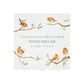 White Square personalised Wooden box with a decorative lid featuring illustrations of Robins on Branches,  Perfect funeral memory keepsake box, for storing ashes, order of service, flowers and capturing your loved ones things in one place