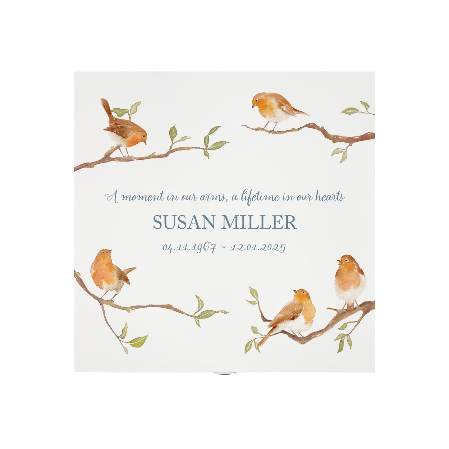 White Square personalised Wooden box with a decorative lid featuring illustrations of Robins on Branches,  Perfect funeral memory keepsake box, for storing ashes, order of service, flowers and capturing your loved ones things in one place