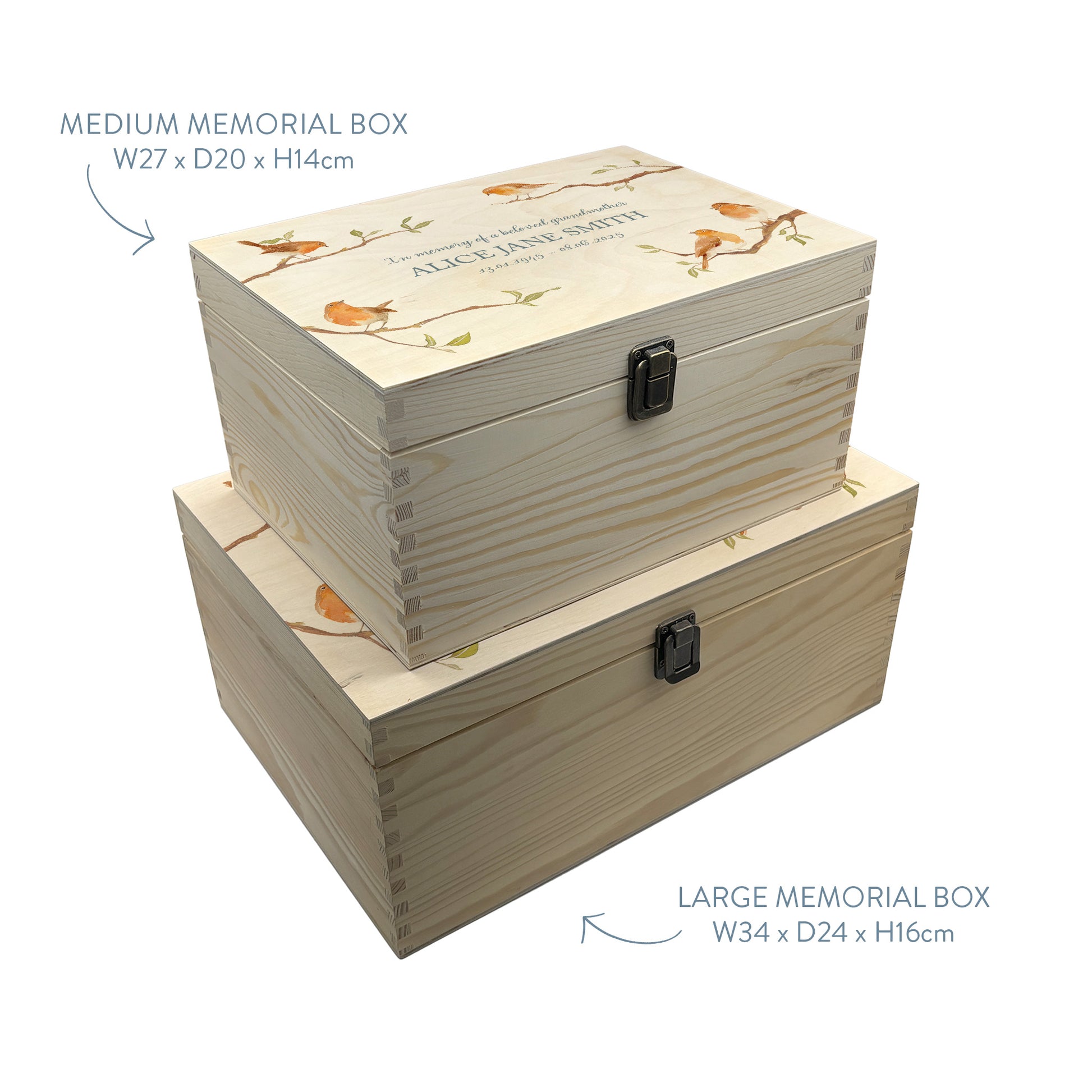 Wooden box with a decorative lid featuring illustrations of Robins on Branches Perfect funeral memory keepsake box, for storing ashes, order of service, flowers, Funeral Box