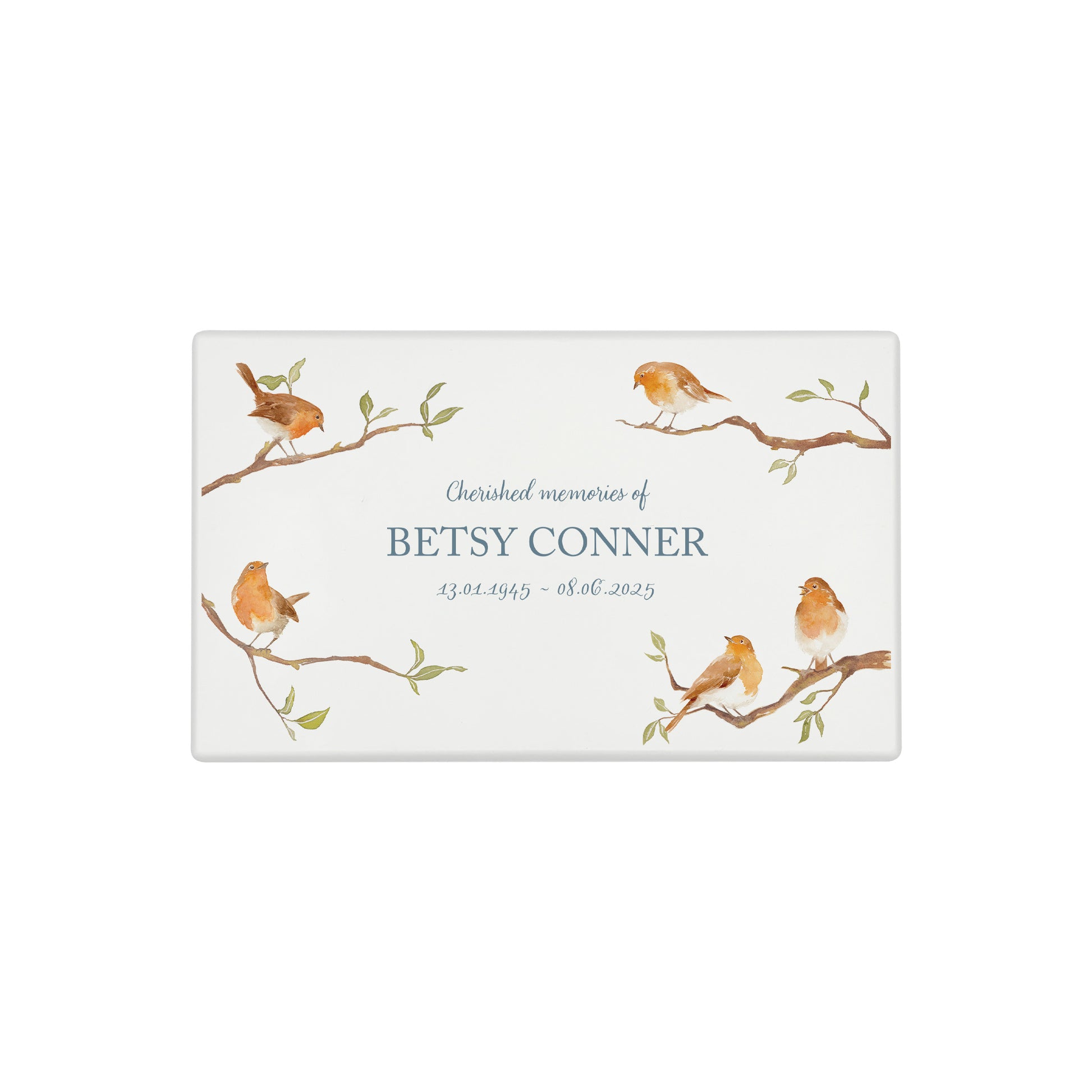 A beautifully crafted solid wooden urn, finished in white with a soft watercolour design of Robins of Branches, Thoughtfully made for either display or burial, this personalised urn can be customised to create a meaningful memorial. Perfect for holding ashes of a loved one or a beloved pet, it serves as a comforting tribute and keepsake.