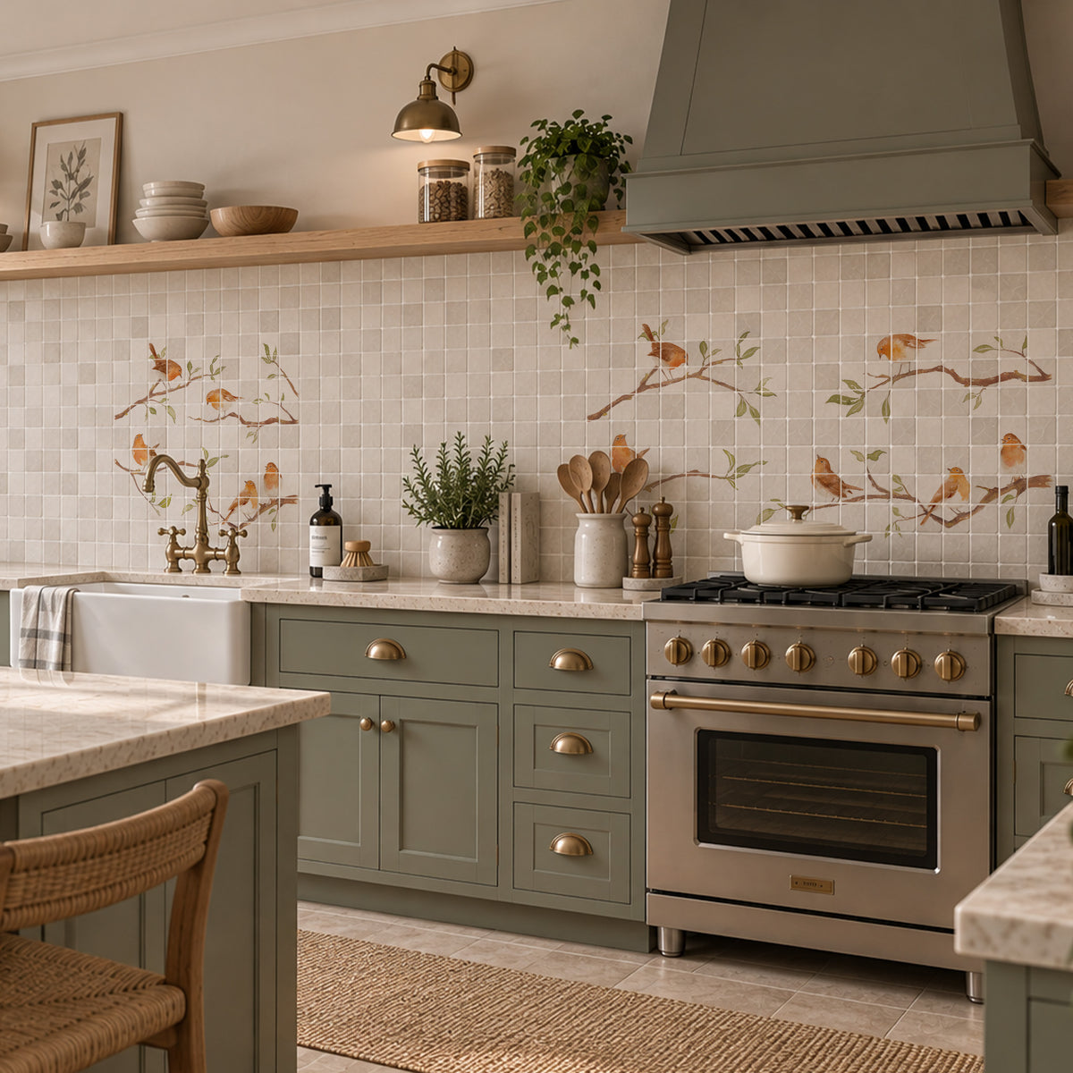 Countryside landscape marble mural creating a statement kitchen feature, Robins on Branches. Watercolour animals on wall tiles. 