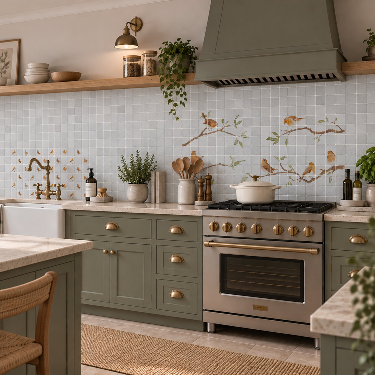 Countryside landscape marble mural creating a statement kitchen feature, Robins on Branches. Watercolour animals on wall tiles. 