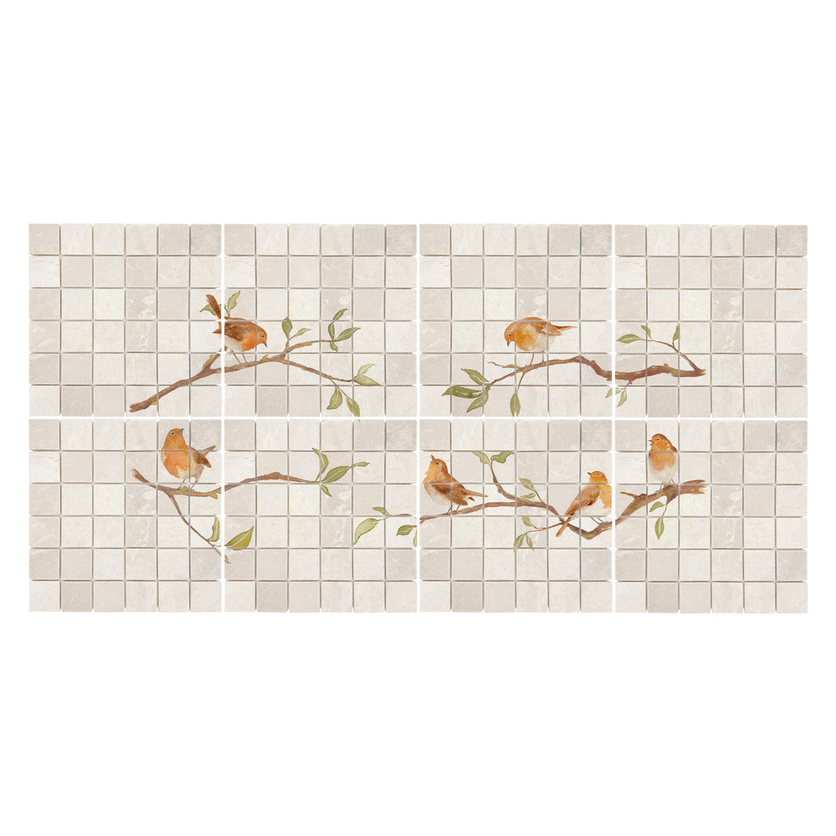 Countryside landscape marble mural creating a statement kitchen feature, Robins on Branches. Watercolour animals on wall tiles. 