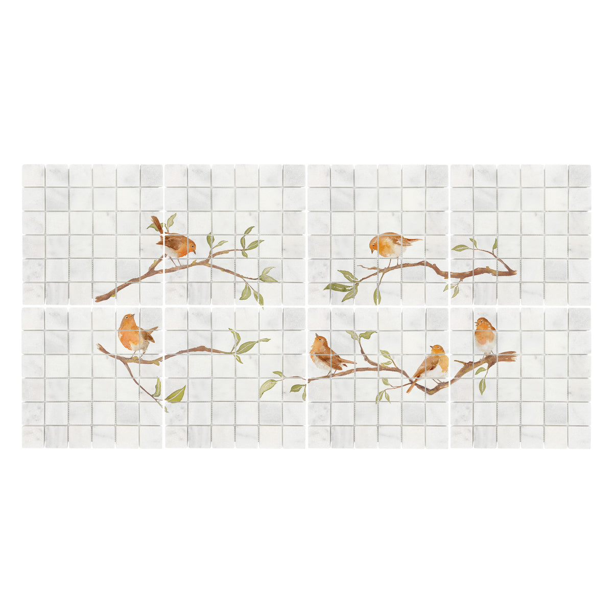 Countryside landscape marble mural creating a statement kitchen feature, Robins on Branches. Watercolour animals on wall tiles. 