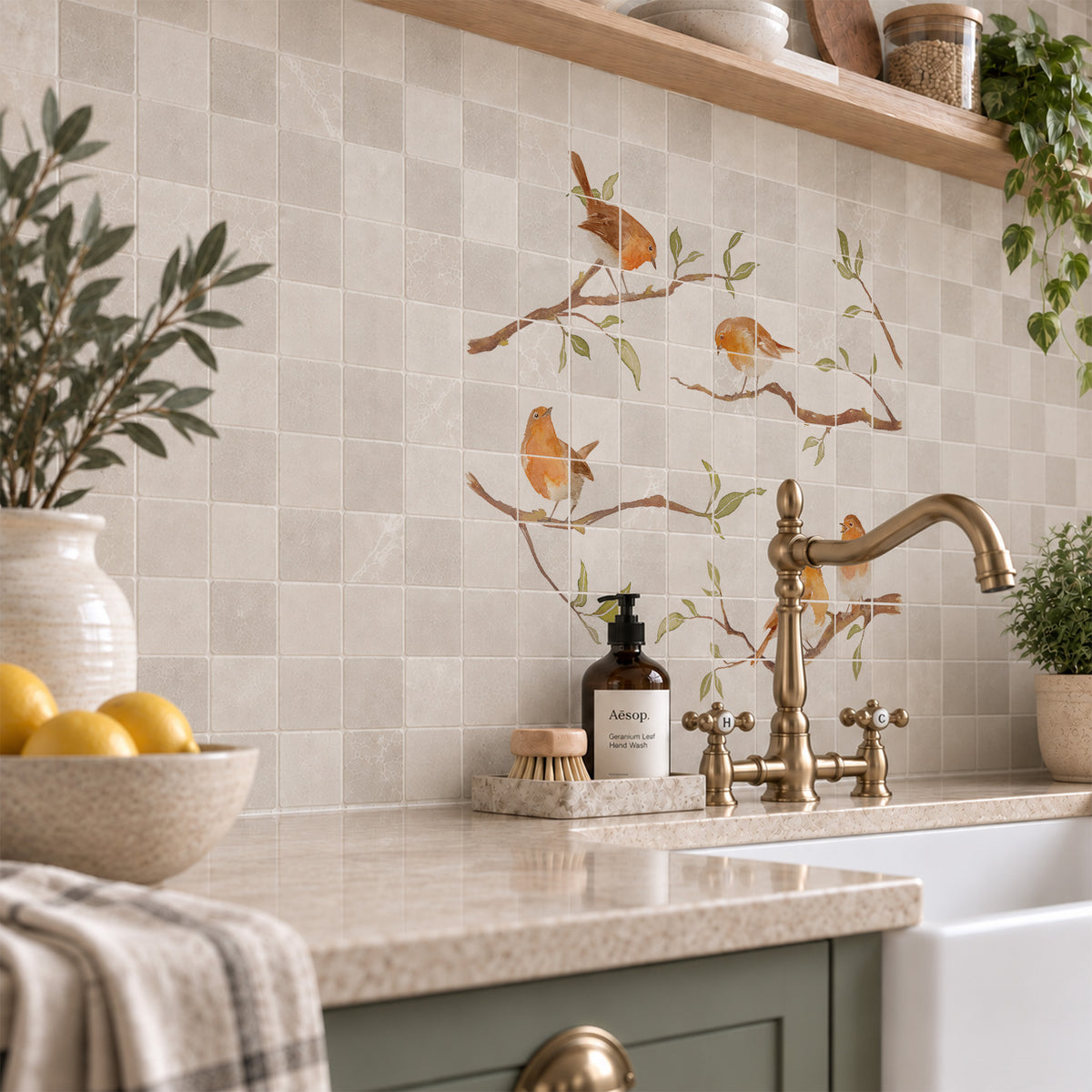 Countryside landscape marble mural creating a statement kitchen feature, Robins on Branches. Watercolour animals on wall tiles. 