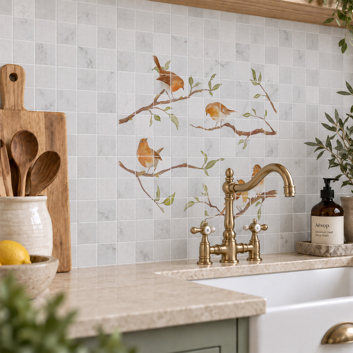 Countryside landscape marble mural creating a statement kitchen feature, Robins on Branches. Watercolour animals on wall tiles. 